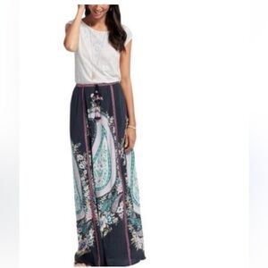 Calypso St. Barth Satin Paisley and Flower Blue and Pink Maxi Skirt